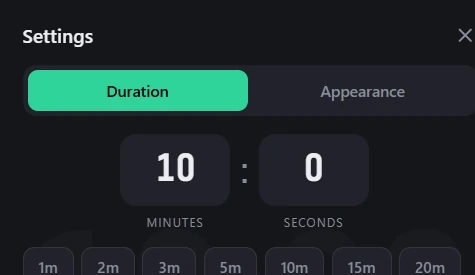 SlideTimerApp settings panel showing the Duration tab with minutes and seconds fields and quick presets.
