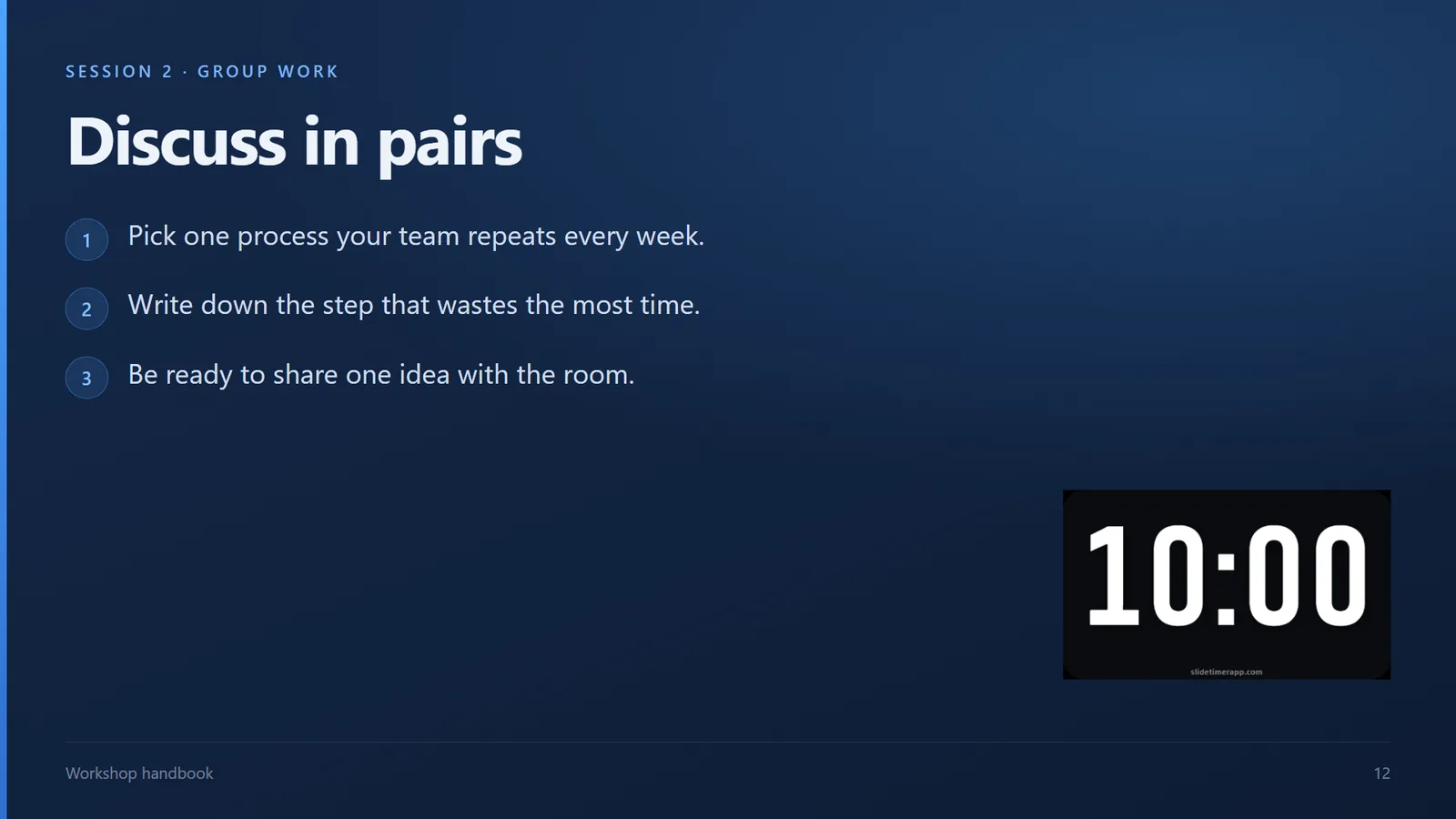 A SlideTimerApp countdown showing 10:00 floating in the corner of a full-screen presentation slide.